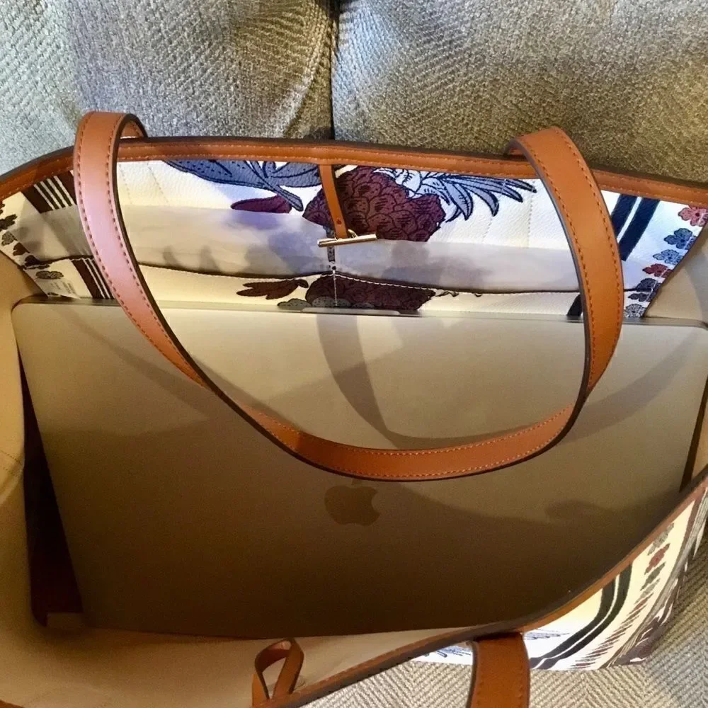TORY BURCH FLORAL WINE PERRY LARGE TOTE LAPTOP TRAVEL HANDBAG WORK VACAT…